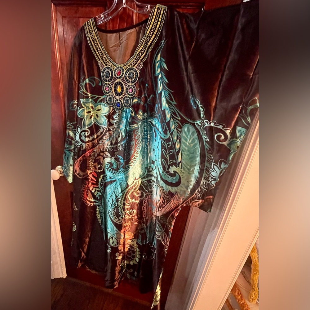 NEW Sexy Brown Turq Beaded Caftan (one Size )